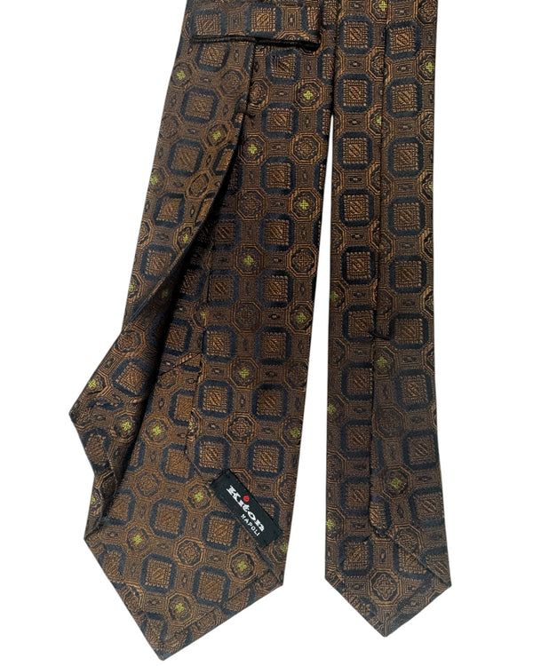 Kiton Tie Brown Midnight Blue Olive Medallion - Sevenfold Necktie