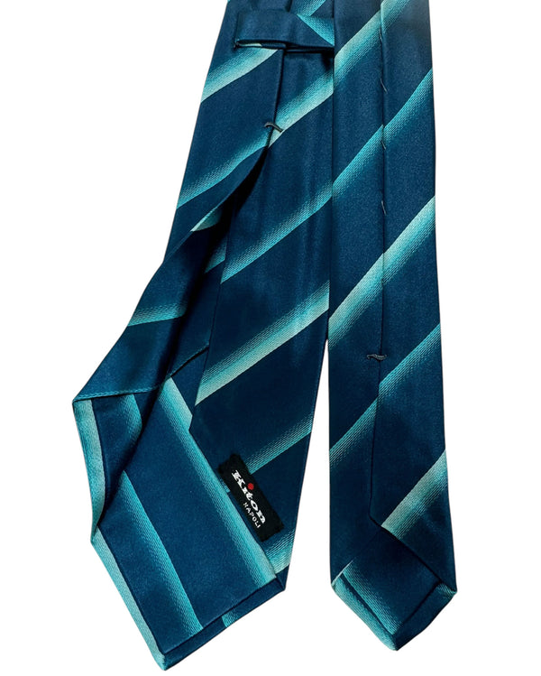 Kiton Silk Tie Turquoise Blue Stripes Design - Sevenfold Necktie