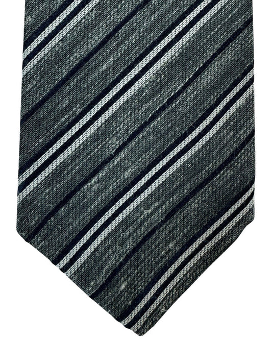 Kiton Silk Wool Linen Tie Gray Stripes Design - Sevenfold Necktie SALE