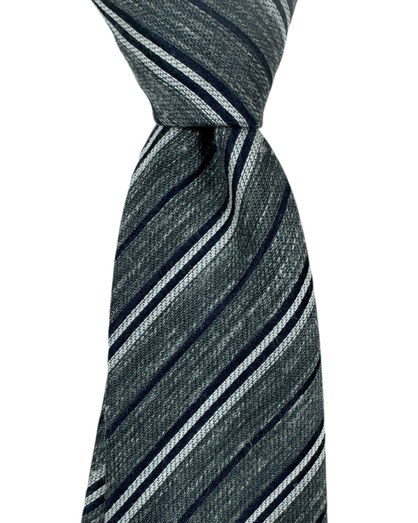 Kiton Silk Wool Linen Tie Gray Stripes Design - Sevenfold Necktie SALE