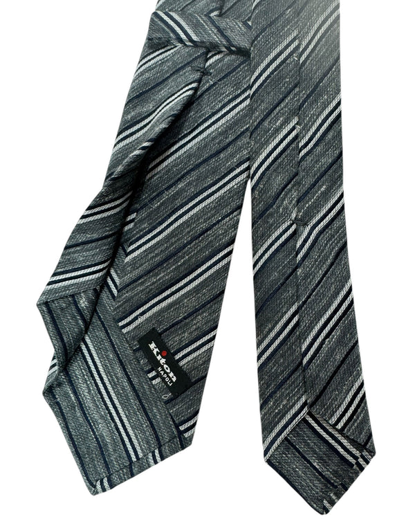 Kiton Silk Wool Linen Tie Gray Stripes Design - Sevenfold Necktie SALE