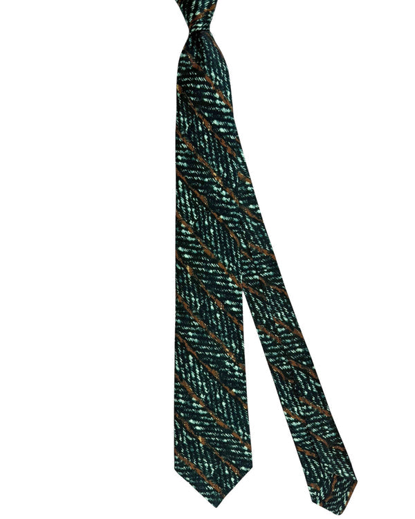 Kiton Silk Tie Green Brown Herringbone & Stripes Design - Sevenfold Necktie