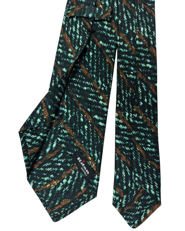 Kiton Silk Tie Green Brown Herringbone & Stripes Design - Sevenfold Necktie
