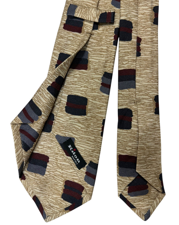 Kiton Silk Tie Beige Brown Gray Design - Sevenfold Necktie