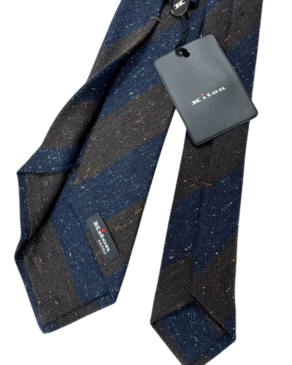 Kiton Sevenfold Tie Navy Dark Brown Patterned Stripes - Wool Silk