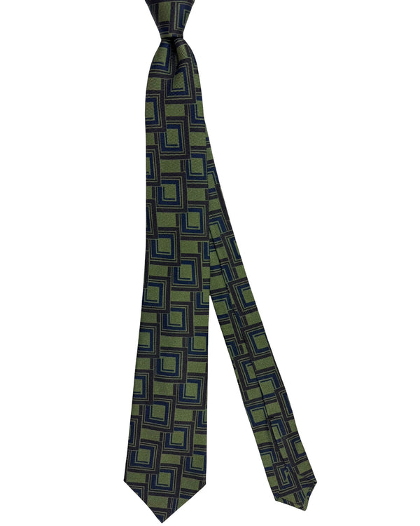 Kiton Sevenfold Tie Forest Green Navy Brown Squares