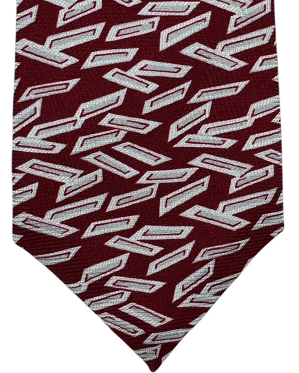 Kiton Sevenfold Tie Maroon Gray Silver Geometric Design